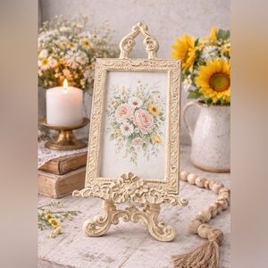 Vintage Ornate Metal Easel Frame Cream Distressed Display Stand Tabletop Decor